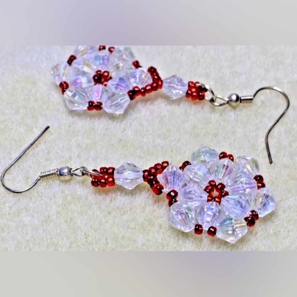 white and red beaded Dangling Earrings